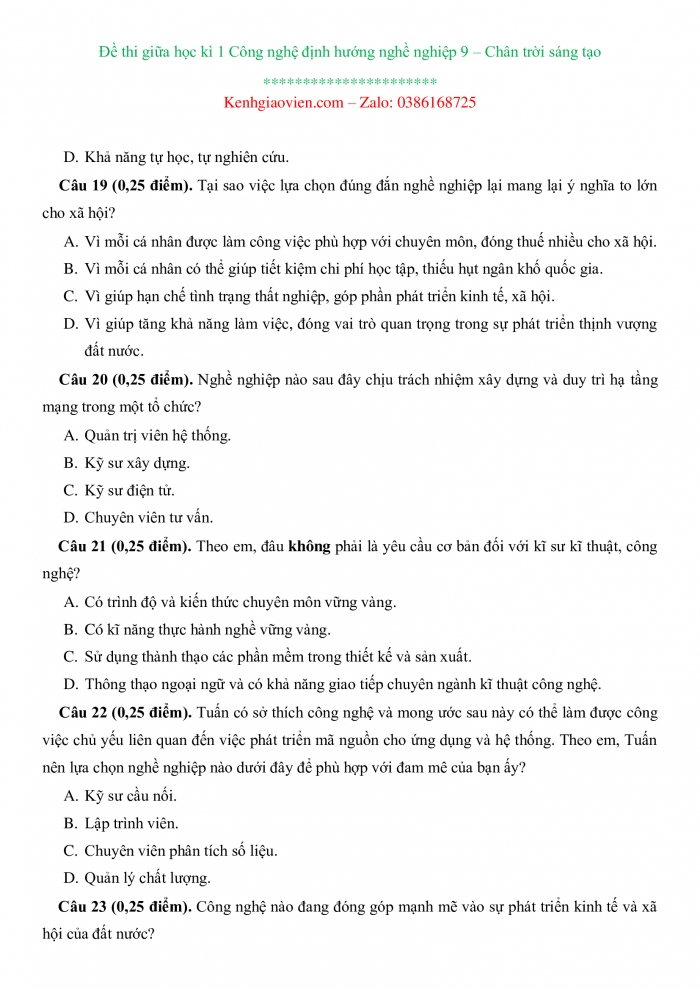Đề thi Công nghệ 9 - Định hướng nghề nghiệp chân trời sáng tạo có ma trận