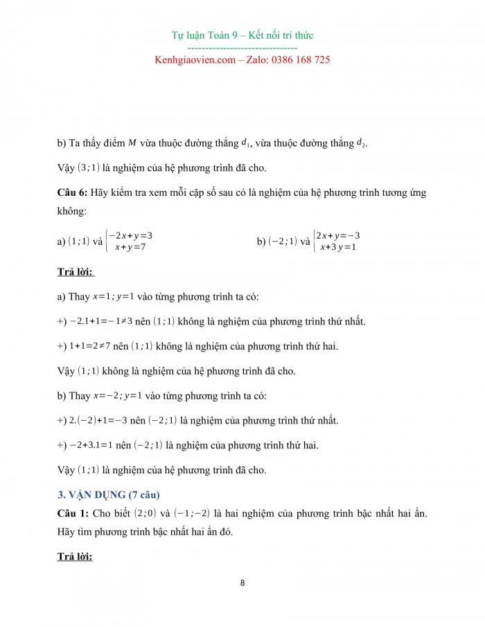 Câu hỏi và bài tập tự luận toán 9 kết nối tri thức
