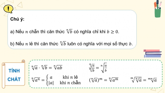 Giáo án powerpoint dạy thêm Toán 11 chân trời Chương 6 Bài 1: Phép tính luỹ thừa