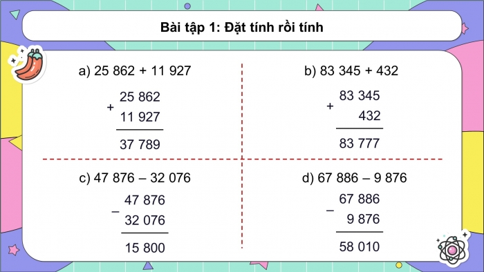 Giáo án powerpoint dạy thêm Toán 4 chân trời Bài 2: Ôn tập phép cộng, phép trừ