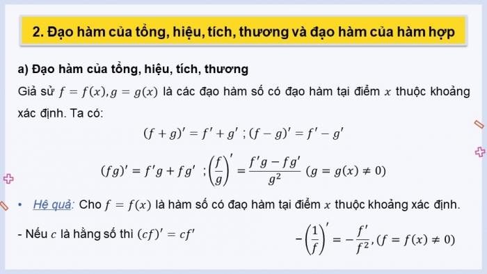 Giáo án powerpoint dạy thêm Toán 11 cánh diều Chương 7 Bài 2: Các quy tắc tính đạo hàm