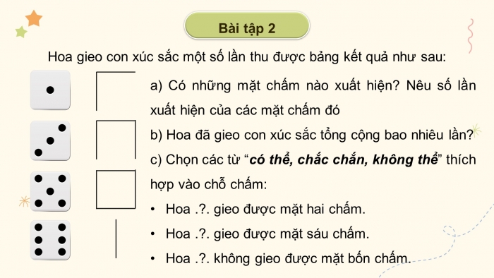 Giáo án powerpoint dạy thêm Toán 4 chân trời Bài 18: Số lần lặp lại của một sự kiện