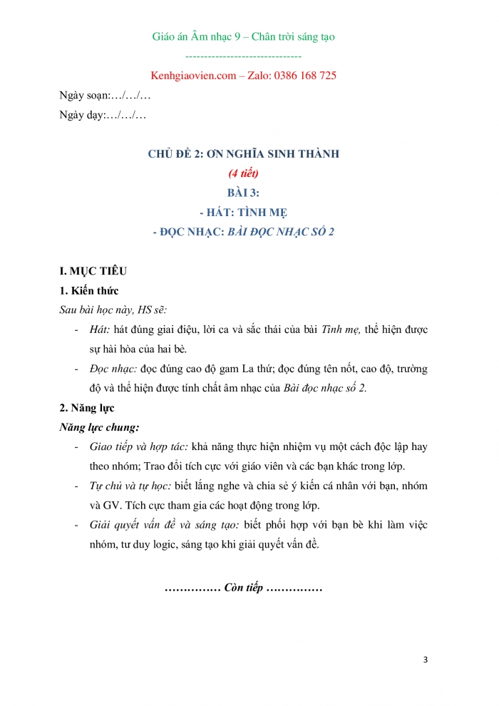 Âm nhạc 9 chân trời sáng tạo: Giáo án kì 1