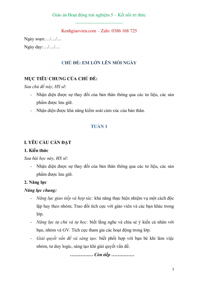 Hoạt động trải nghiệm 5 kết nối tri thức: Giáo án kì 1