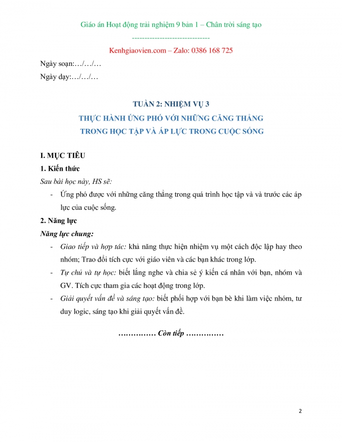 Hoạt động trải nghiệm hướng nghiệp 9 chân trời sáng tạo bản 1: Giáo án kì 1