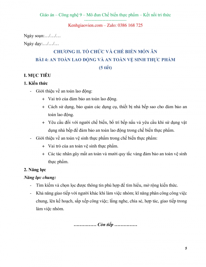 Công nghệ 9 Chế biến thực phẩm kết nối tri thức: Giáo án kì 1