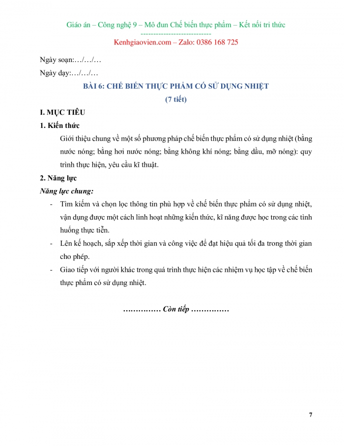 Công nghệ 9 Chế biến thực phẩm kết nối tri thức: Giáo án kì 1