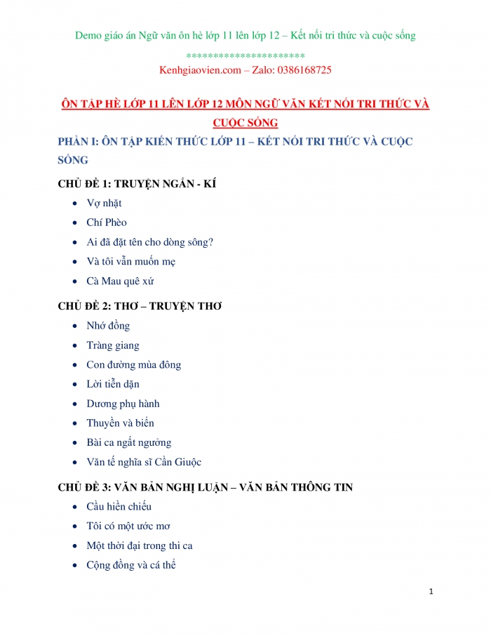 Giáo án ôn tập hè lớp 11 lên lớp 12 môn Ngữ văn Kết nối tri thức