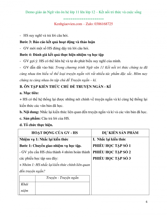 Giáo án ôn tập hè lớp 11 lên lớp 12 môn Ngữ văn Kết nối tri thức