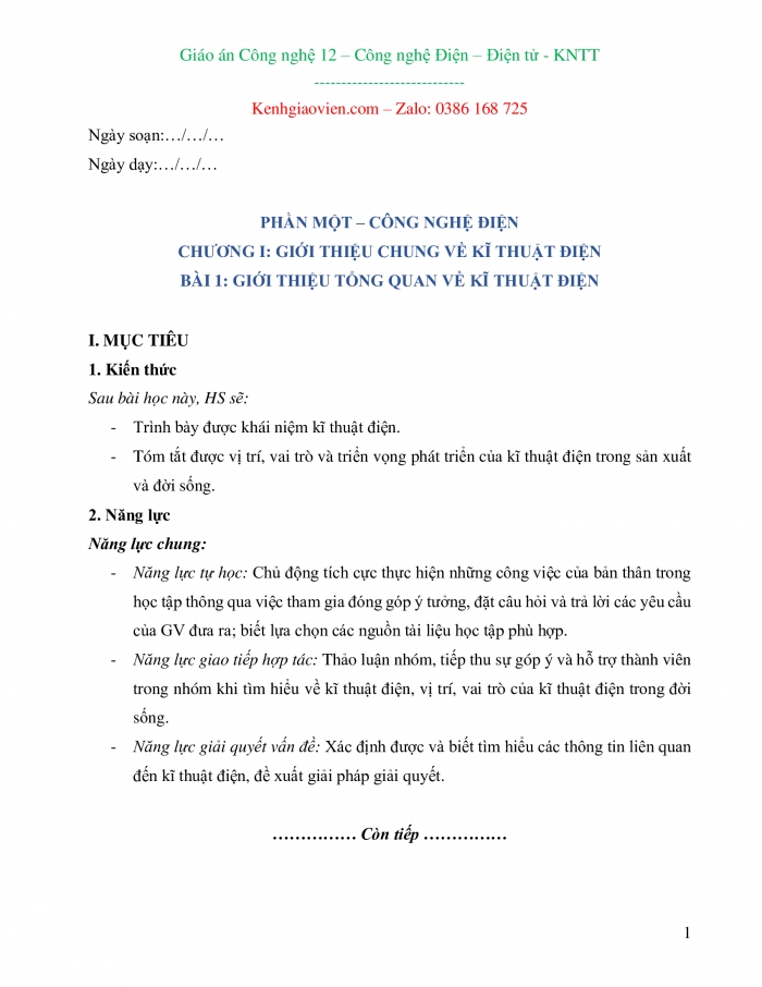 Công nghệ 12 Công nghệ Điện - Điện tử kết nối tri thức: Giáo án kì 1