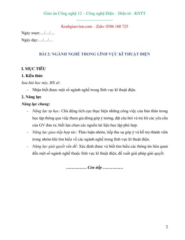 Công nghệ 12 Công nghệ Điện - Điện tử kết nối tri thức: Giáo án kì 1