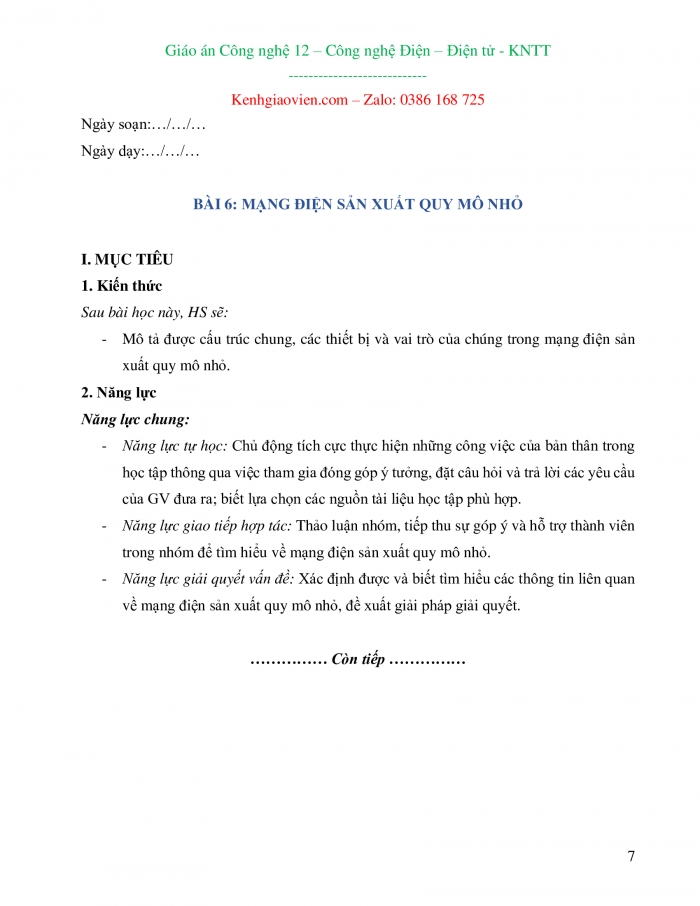 Công nghệ 12 Công nghệ Điện - Điện tử kết nối tri thức: Giáo án kì 1