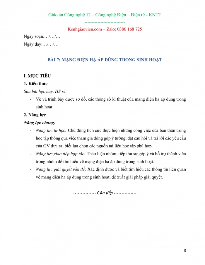 Công nghệ 12 Công nghệ Điện - Điện tử kết nối tri thức: Giáo án kì 1