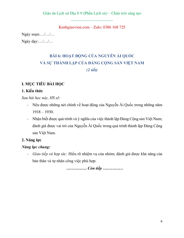 Lịch sử 9 chân trời sáng tạo: Giáo án kì 1