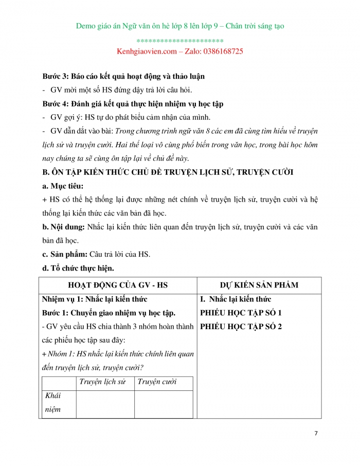 Giáo án ôn tập hè lớp 8 lên lớp 9 môn Ngữ văn Chân trời sáng tạo