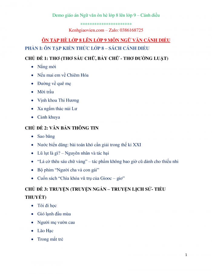 Giáo án ôn tập hè lớp 8 lên lớp 9 môn Ngữ văn Cánh diều