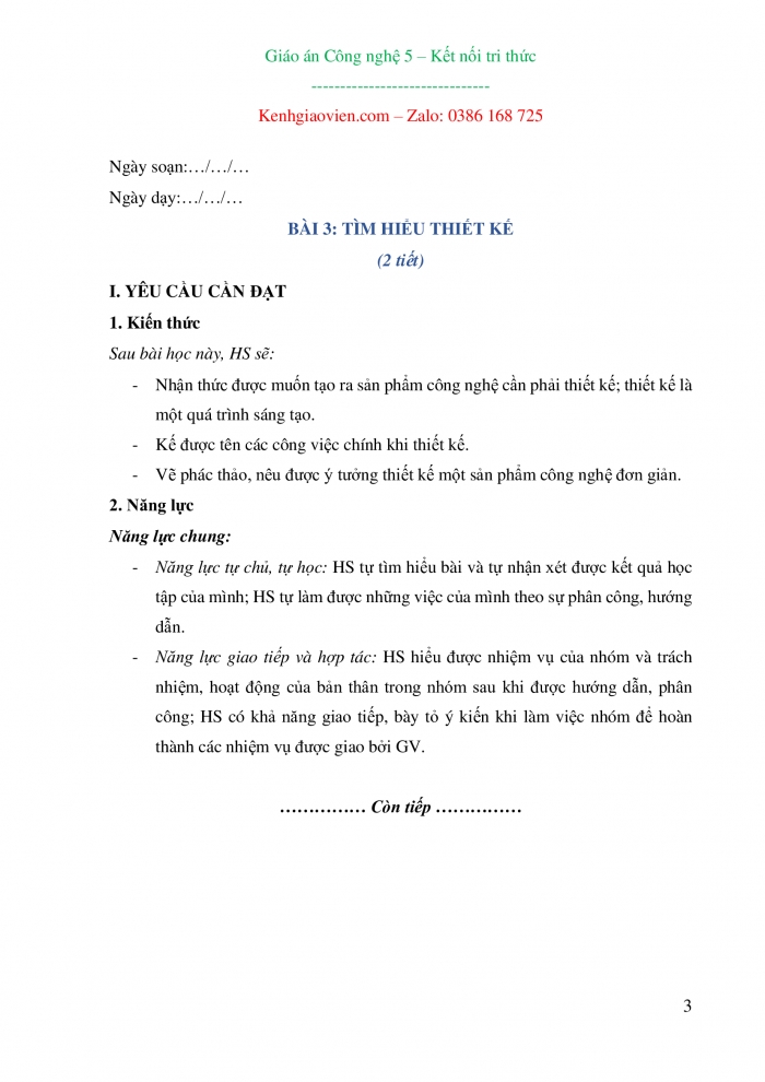 Công nghệ 5 kết nối tri thức: Giáo án kì 1