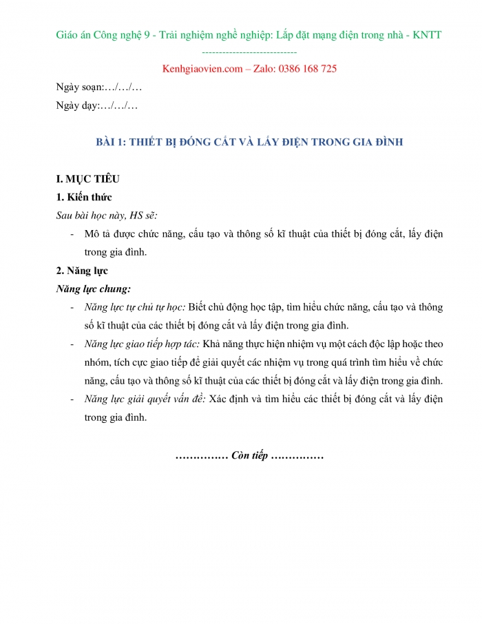 Công nghệ 9 Lắp đặt mạng điện trong nhà kết nối tri thức: Giáo án kì 1