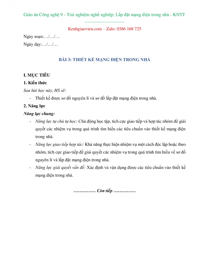 Công nghệ 9 Lắp đặt mạng điện trong nhà kết nối tri thức: Giáo án kì 1