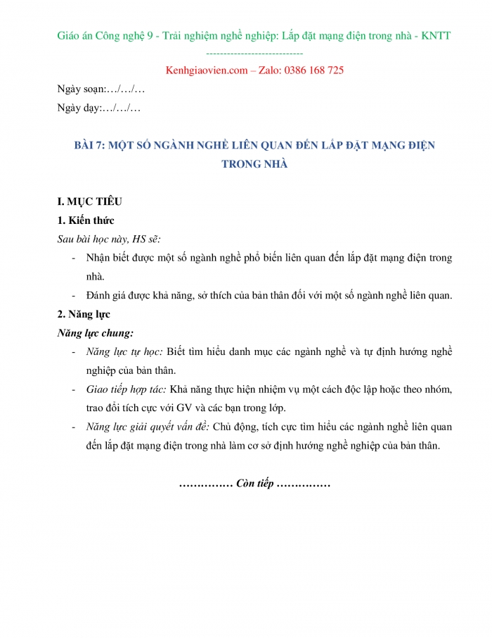 Công nghệ 9 Lắp đặt mạng điện trong nhà kết nối tri thức: Giáo án kì 1