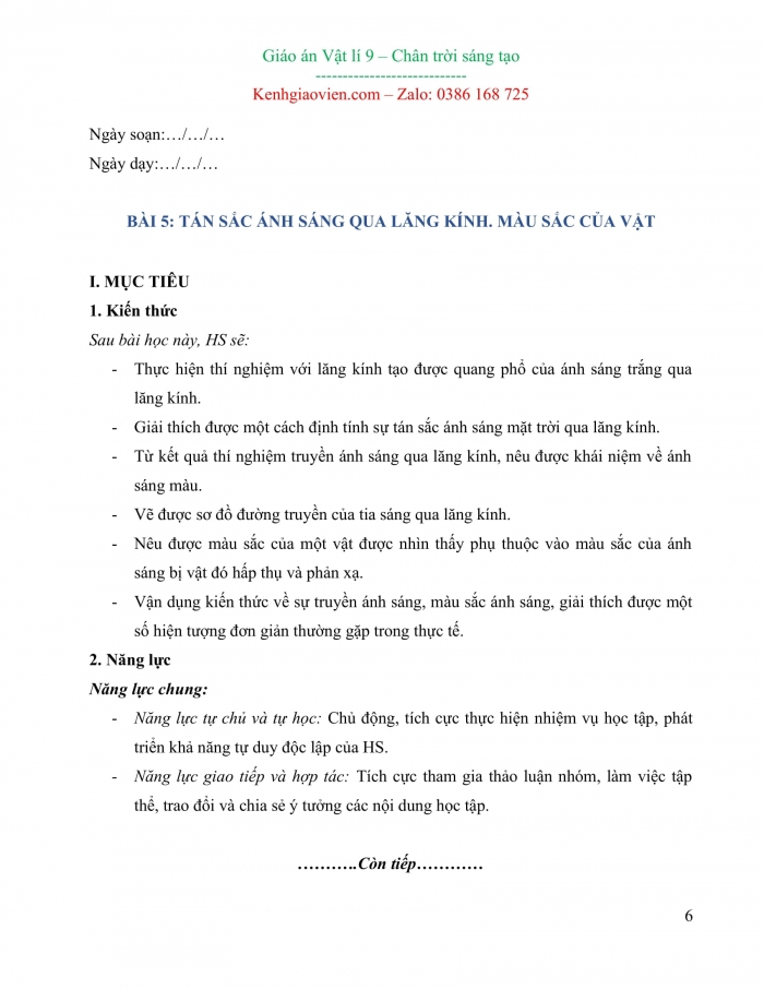 Vật lí 9 chân trời sáng tạo: Giáo án kì 1