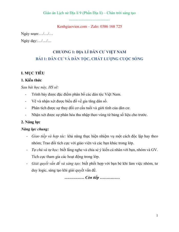 Địa lí 9 chân trời sáng tạo: Giáo án kì 1