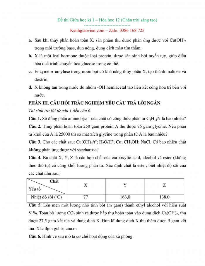 Đề thi hoá học 12 chân trời sáng tạo có ma trận