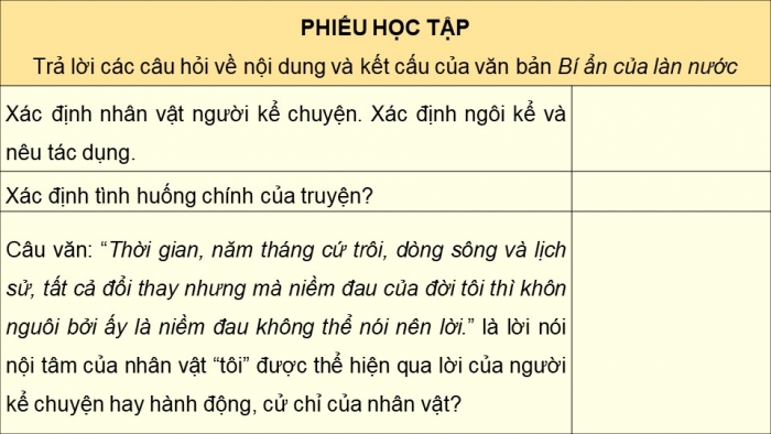 Giáo án PPT dạy thêm Ngữ văn 9 Kết nối bài 5: Bí ẩn của làn nước (Bảo Ninh)