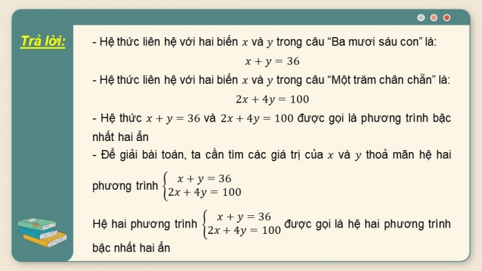 Giáo án PPT dạy thêm Toán 9 Cánh diều Bài 2: Phương trình bậc nhất hai ẩn. Hệ hai phương trình bậc nhất hai ẩn