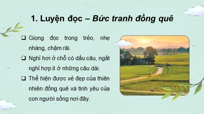 Giáo án PPT dạy thêm Tiếng Việt 5 chân trời bài 7: Bài đọc Bức tranh đồng quê. Luyện tập sử dụng từ điển. Trả bài văn tả phong cảnh (Bài viết số 2)