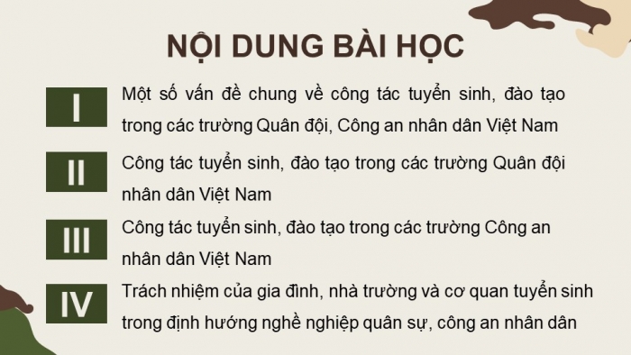 Giáo án điện tử Quốc phòng an ninh 12 kết nối Bài 3: Công tác tuyển sinh, đào tạo trong các trường Quân đội nhân dân Việt Nam và Công an nhân dân Việt Nam