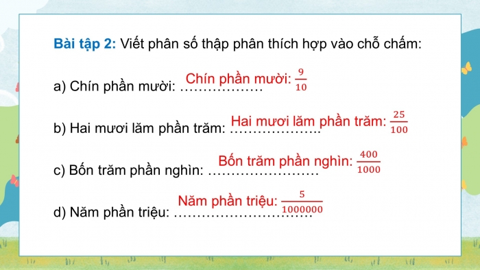 Giáo án PPT dạy thêm Toán 5 Cánh diều bài 12: Phân số thập phân