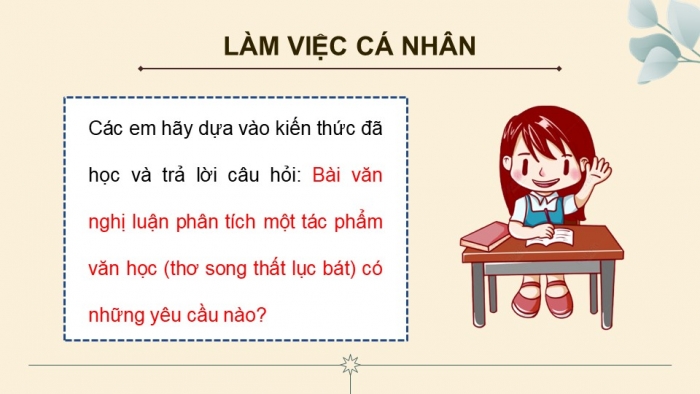 Giáo án PPT dạy thêm Ngữ văn 9 Kết nối bài 2: Viết bài văn nghị luận phân tích một tác phẩm văn học (thơ song thất lục bát)