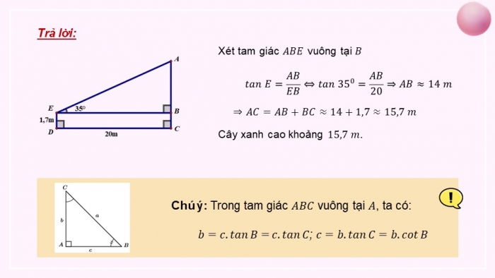 Giáo án PPT dạy thêm Toán 9 Kết nối bài 12: Một số hệ thức giữa cạnh, góc trong tam giác vuông và ứng dụng