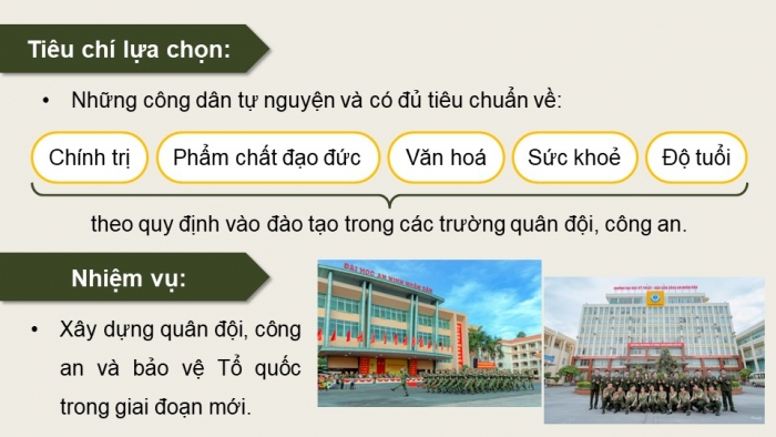 Giáo án điện tử Quốc phòng an ninh 12 kết nối Bài 3: Công tác tuyển sinh, đào tạo trong các trường Quân đội nhân dân Việt Nam và Công an nhân dân Việt Nam