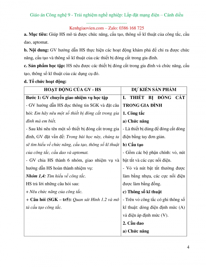 Giáo án và PPT công nghệ 9 lắp đặt mạng điện trong nhà Cánh diều bài 1: Thiết bị đóng cắt và lấy điện trong gia đình