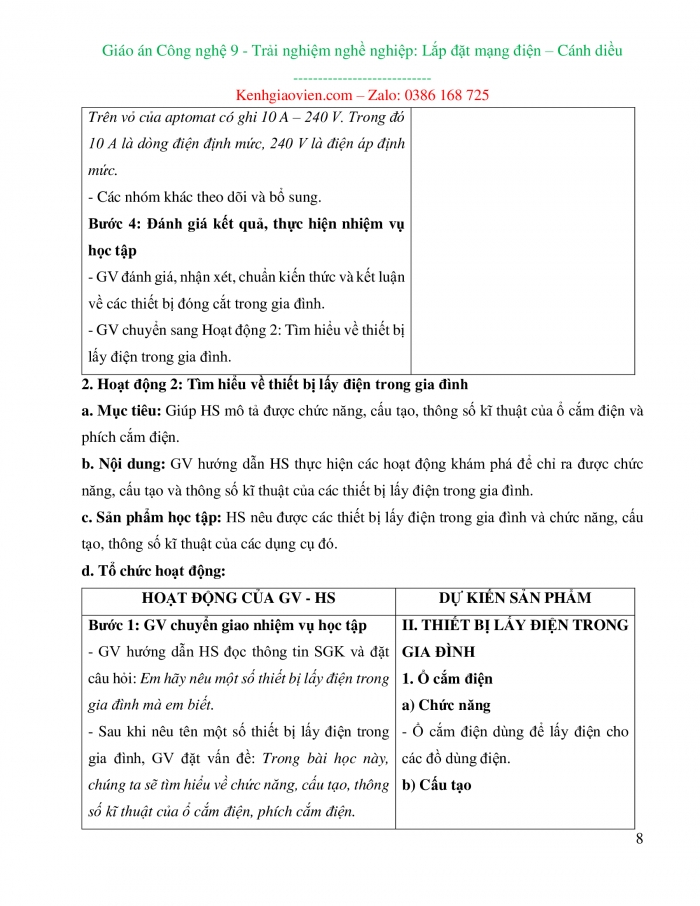 Giáo án và PPT công nghệ 9 lắp đặt mạng điện trong nhà Cánh diều bài 1: Thiết bị đóng cắt và lấy điện trong gia đình