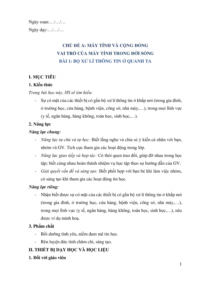 Giáo án và PPT Tin học 9 cánh diều chủ đề A bài 1: Bộ xử lí thông tin ở quanh ta