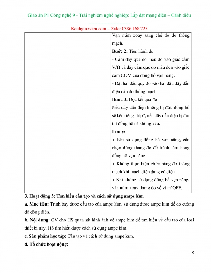 Giáo án và PPT công nghệ 9 lắp đặt mạng điện trong nhà Cánh diều bài 2: Dụng cụ đo điện cơ bản