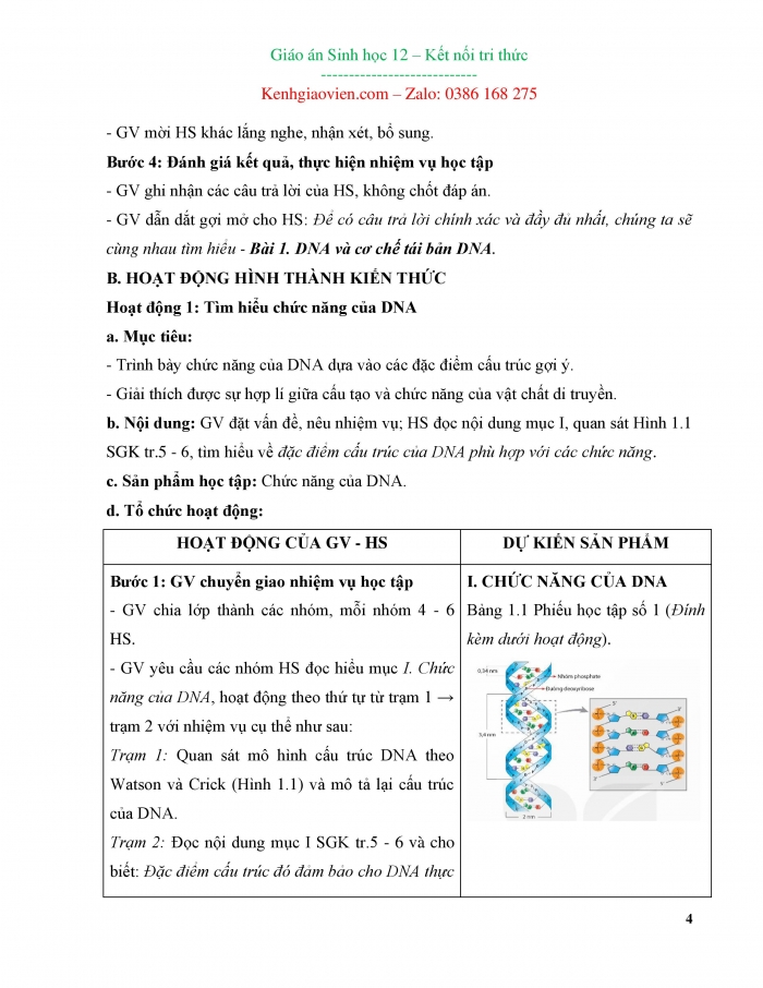 Giáo án và PPT Sinh học 12 kết nối Bài 1: DNA và cơ chế tái bản DNA