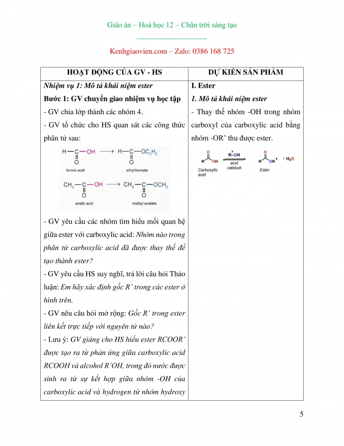 Giáo án và PPT Hoá học 12 chân trời bài 1: Ester – Lipid