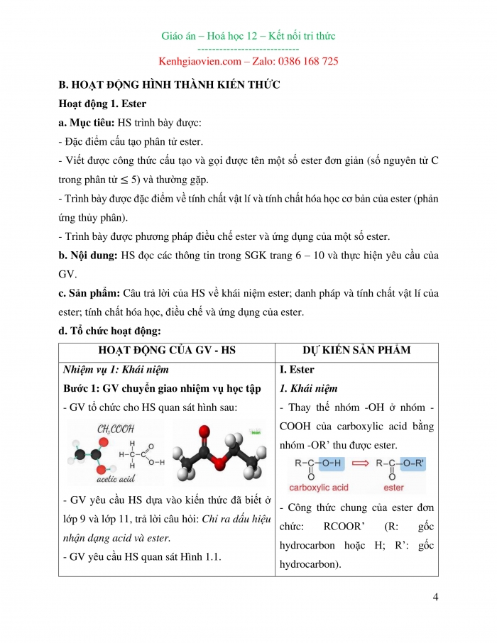 Giáo án và PPT Hoá học 12 kết nối bài 1: Ester - Lipid