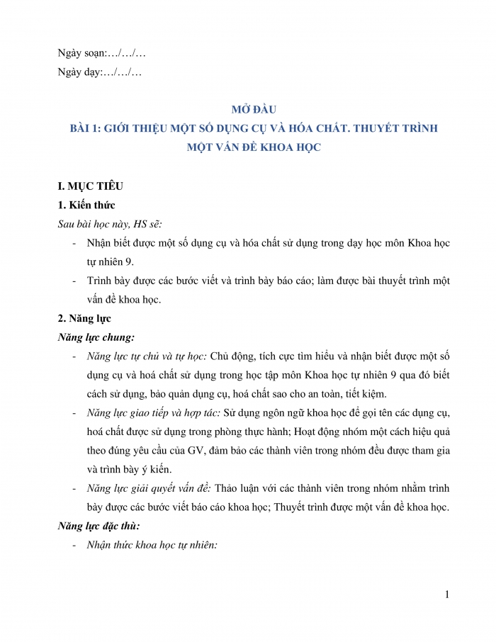 Giáo án và PPT KHTN 9 chân trời bài 1: Giới thiệu một số dụng cụ và hóa chất. Thuyết trình một vấn đề khoa học