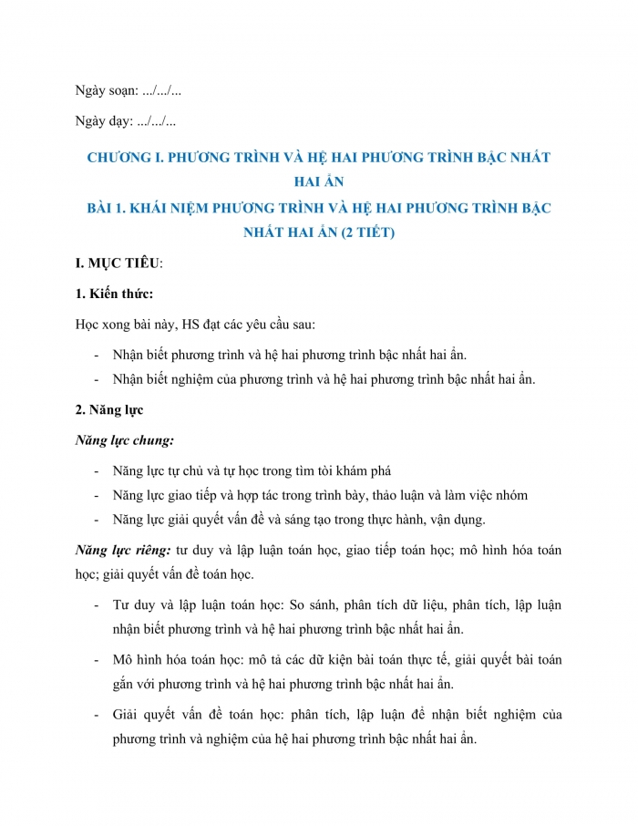 Giáo án và PPT Toán 9 Kết nối bài 1: Khái niệm phương trình và hệ hai phương trình bậc nhất hai ẩn