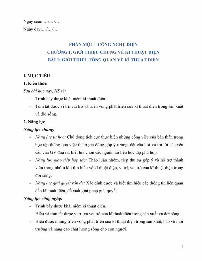 Giáo án và PPT công nghệ 12 điện - điện tử Kết nối bài 1: Giới thiệu tổng quan về kĩ thuật điện