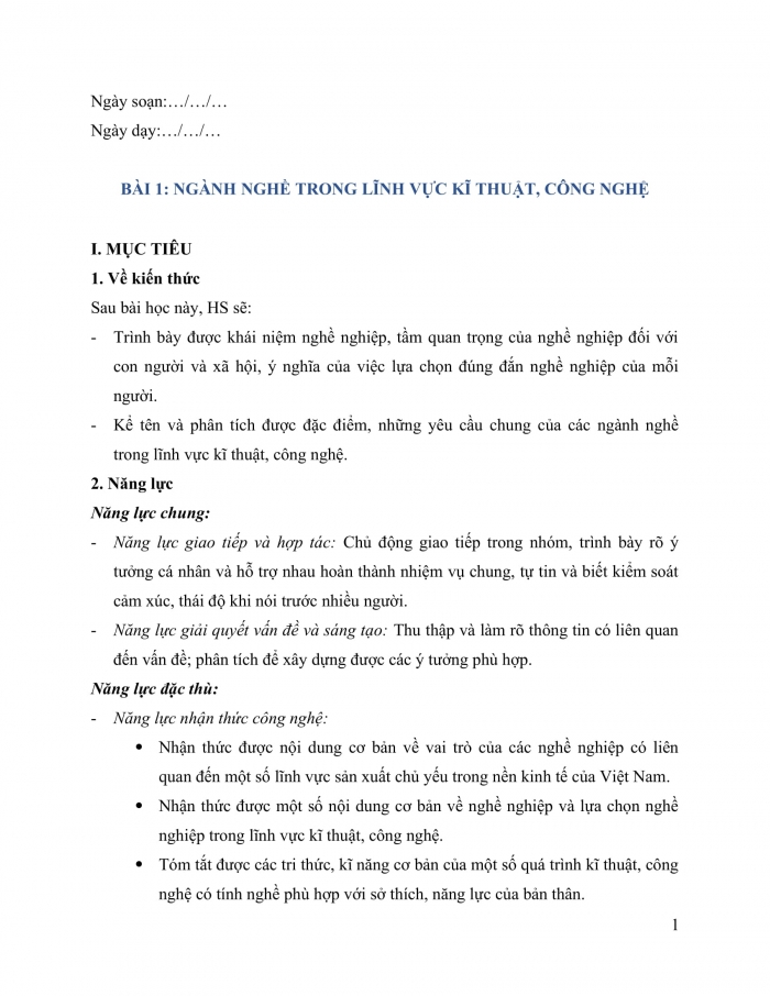 Giáo án và PPT Công nghệ 9 Định hướng nghề nghiệp Kết nối bài 1: Nghề nghiệp trong lĩnh vực kĩ thuật và công nghệ