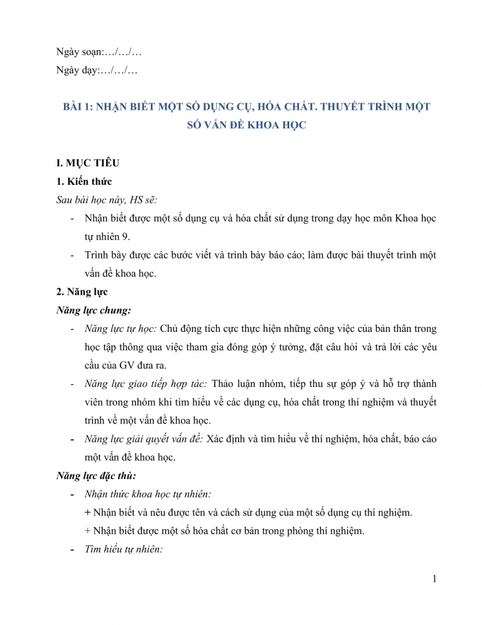 Giáo án và PPT KHTN 9 kết nối Bài 1: Nhận biết một số dụng cụ, hoá chất. Thuyết trình một vấn đề khoa học