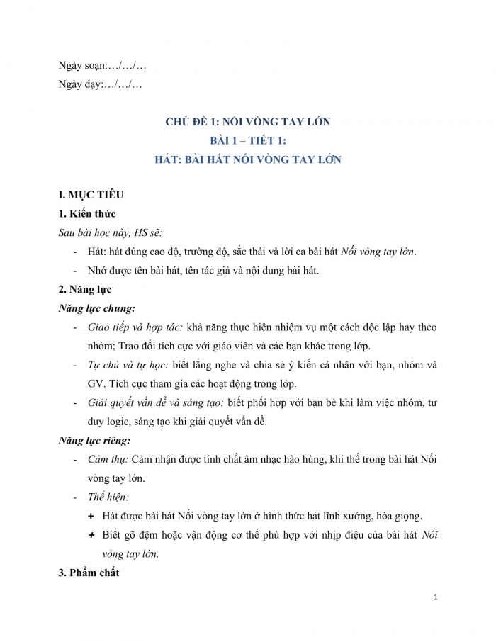 Giáo án và PPT Âm nhạc 9 kết nối Bài 1: Hát Bài hát Nối vòng tay lớn, Đọc nhạc Bài đọc nhạc số 1