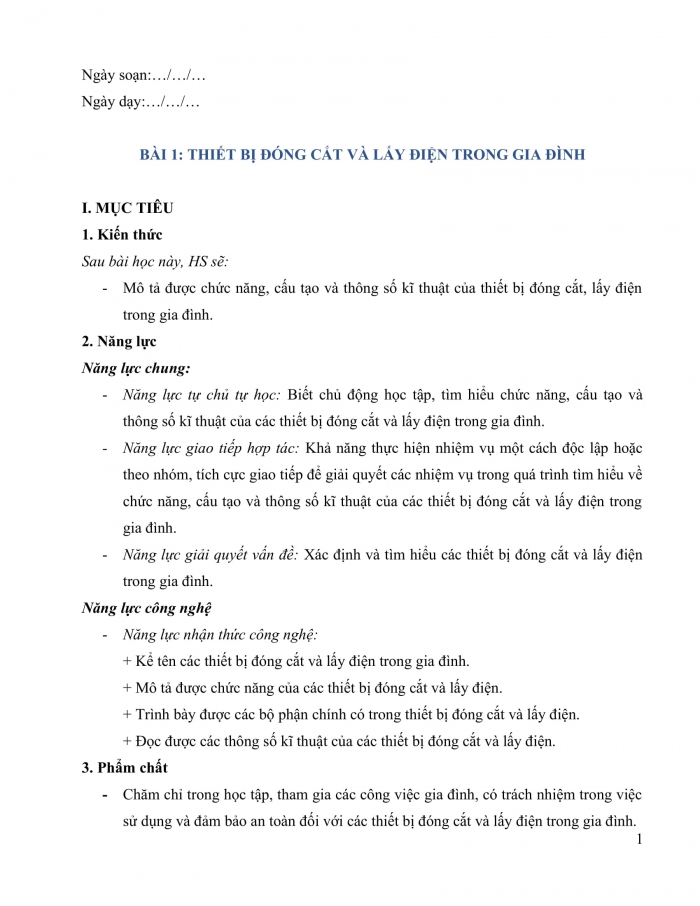 Giáo án và PPT Công nghệ 9 Lắp đặt mạng điện trong nhà Kết nối Bài 1: Thiết bị đóng cắt và lấy điện trong gia đình