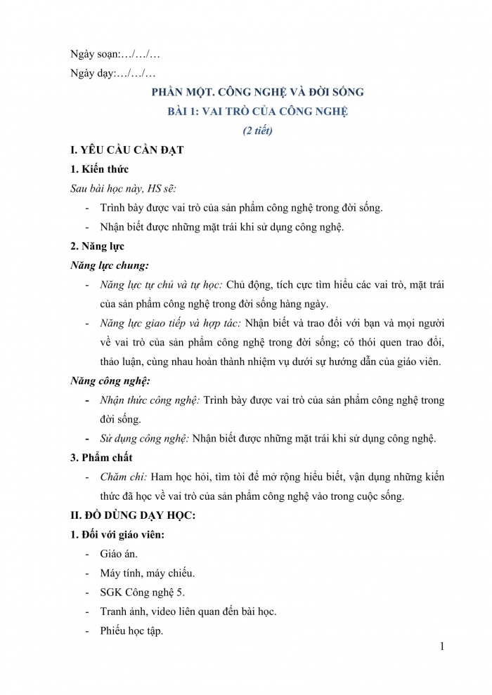 Giáo án và PPT Công nghệ 5 Kết nối bài 1: Vai trò của công nghệ